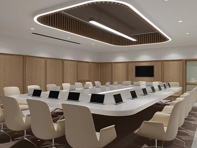 Modern Conference Room Interior Design With Long Table Chairs TV Screen And Wooden Walls 3d model