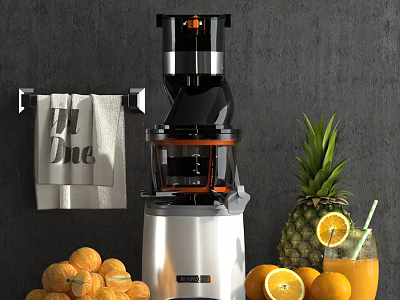 Modern Electric Juicer With Fresh Pineapple Oranges And Towel On Gray Background 3d model