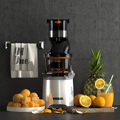 Modern Electric Juicer With Fresh Pineapple Oranges And Towel On Gray Background 3d model