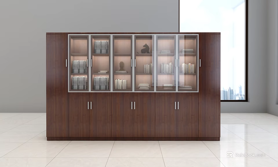 Dark Brown Wooden Bookcase With Glass Doors And Wooden Cabinets For Books And Decorative Items 3d model 