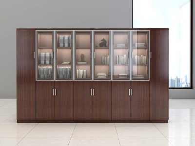 Dark Brown Wooden Bookcase With Glass Doors And Wooden Cabinets For Books And Decorative Items 3d model