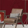 Beige Accent Chair with Herringbone Pillow against Red Wall Ornate Carving Side Table Vase Flowers