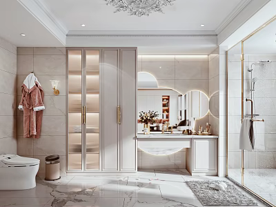Modern Bathroom Interior With Marble Floor Round Mirror Glass Shower And Vanity 3d model