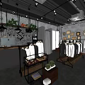 Fashion Boutique Interior With Hanging Apparel Display Cases Green Plants Wall Clock And Leather Bench
