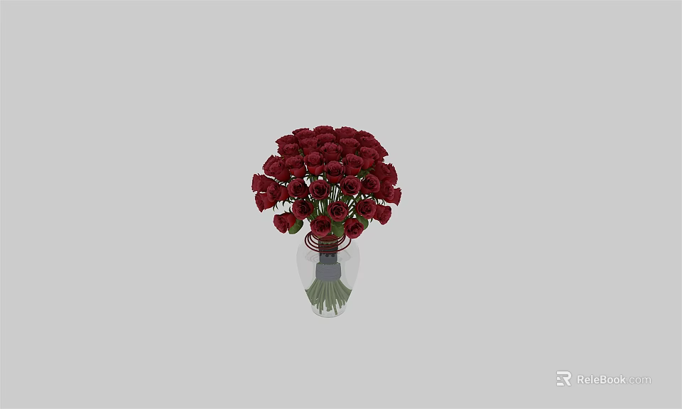 Beautiful Full Bouquet Of Deep Red Roses In Transparent Vase With Green Stems 3d model 
