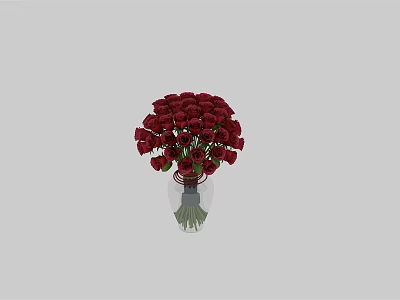 Beautiful Full Bouquet Of Deep Red Roses In Transparent Vase With Green Stems 3d model