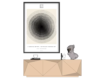 Framed Art Poster With Spiral Pattern And Geometric Cabinet With Pug Statue 3d model
