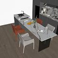 Modern Open Restaurant Interior With Marble Dining Table Dark Cabinets And Wooden Floor