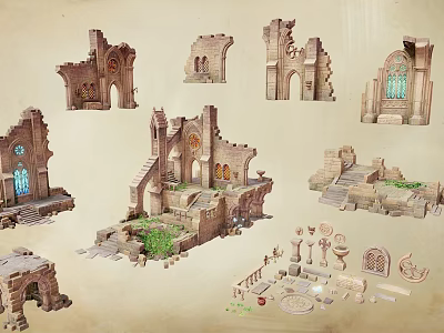 Detailed Ancient Architecture Ruins Featuring Arches Steps Windows Components And Greenery 3d model