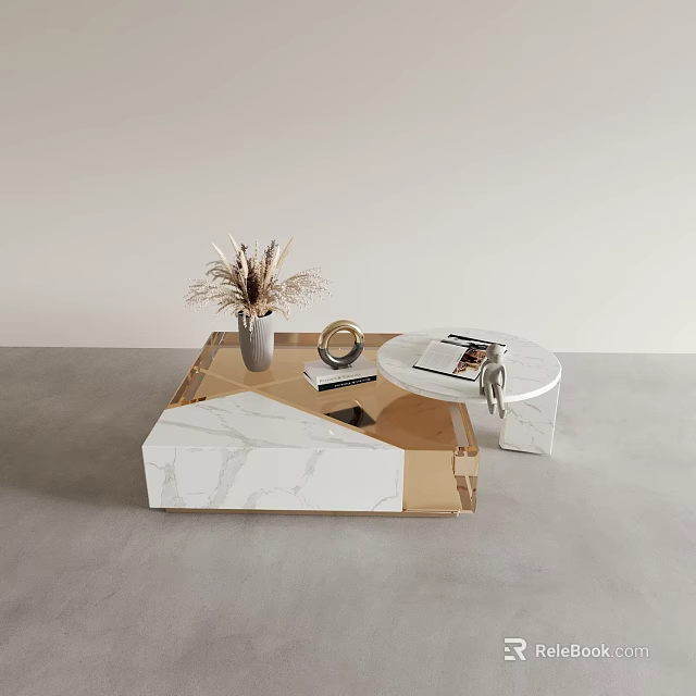 Modern Marble Coffee Table With Gold Frame And Dried Flowers In Vase Round Tray Magazines 3d model 