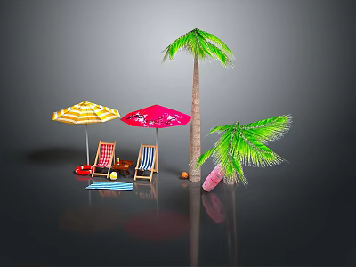 Beach Outdoor Setup With Palm Trees Yellow Red Umbrellas And Chairs 3d model