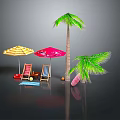 Beach Outdoor Setup With Palm Trees Yellow Red Umbrellas And Chairs