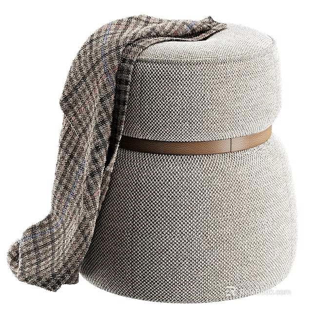 Modern Cozy Knitted Fabric Ottoman With Plaid Blanket And Brown Leather Strap 3d model 