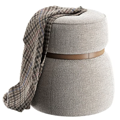 Modern Cozy Knitted Fabric Ottoman With Plaid Blanket And Brown Leather Strap 3d model