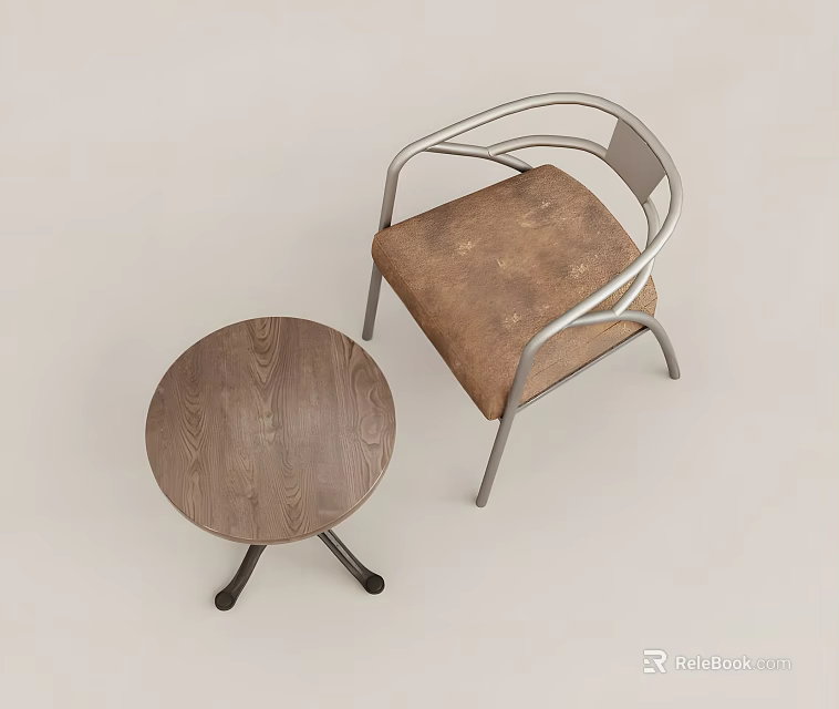 Stylish Round Wooden Table With Black Legs And Silver Metal Frame Chair 3d model 