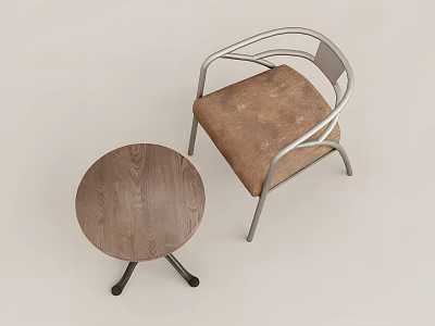 Stylish Round Wooden Table With Black Legs And Silver Metal Frame Chair 3d model