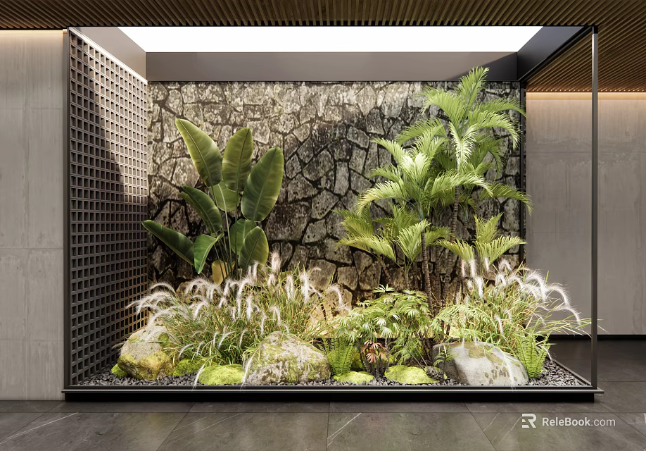 Indoor Landscape With Lush Plants Rocks And Textured Stone Wall 3d model 