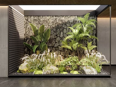 Indoor Landscape With Lush Plants Rocks And Textured Stone Wall 3d model