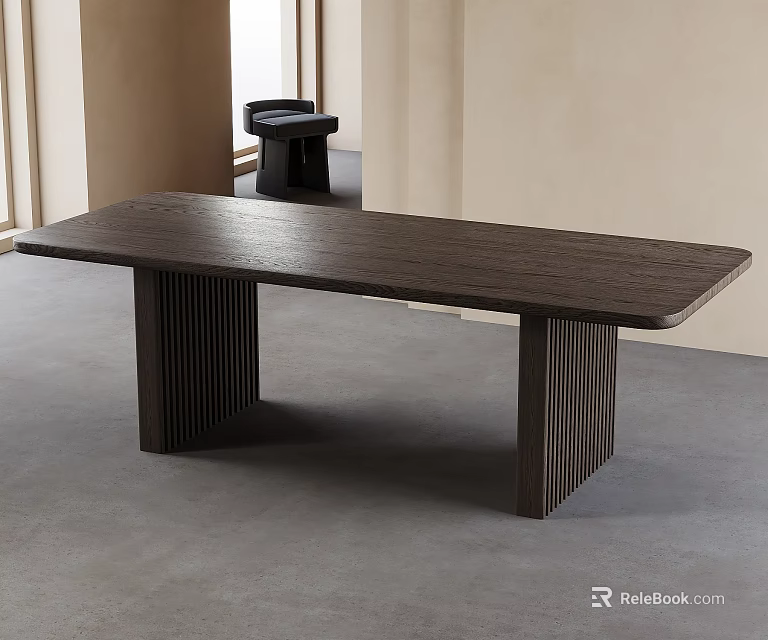 Modern Dark Wood Rectangular Dining Table With Fluted Legs In Minimalist Interior Space 3d model 