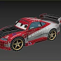 Red and White Streamlined Racing Car with Black Hood Gold Wheels Rear Spoiler and Logos