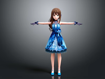 Anime Girl Character Wearing Blue Dress Brown Hair Blue Gloves And Shoes On Grey Background 3d model