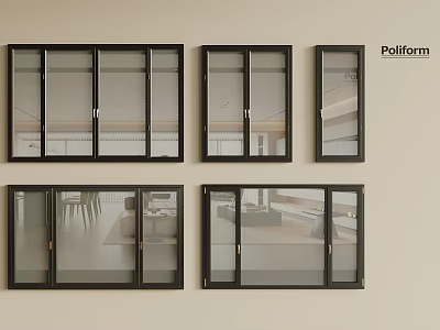 Pollform Casement Windows With Various Designs Black Frames And Transparent Glass 3d model