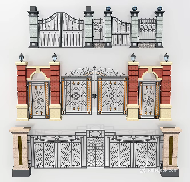 Various Styles Wrought Iron Entrance Gates with Ornate Decorative Details and Red Brick Pillars 3d model 