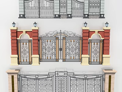 Various Styles Wrought Iron Entrance Gates with Ornate Decorative Details and Red Brick Pillars 3d model