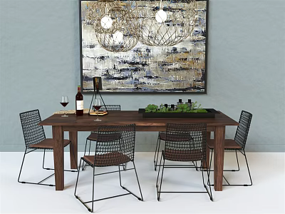 Wooden Dining Table Set With Four Black Metal Chairs Modern Chandelier And Large Abstract Painting 3d model