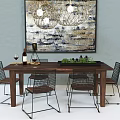 Wooden Dining Table Set With Four Black Metal Chairs Modern Chandelier And Large Abstract Painting