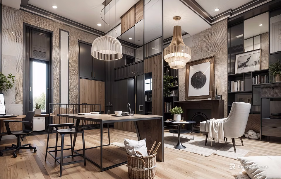 Modern Office Interior With Open Layout Wooden Desk Pendant Lights And Cozy Seating 3d model 