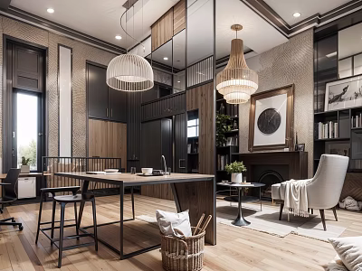 Modern Office Interior With Open Layout Wooden Desk Pendant Lights And Cozy Seating 3d model