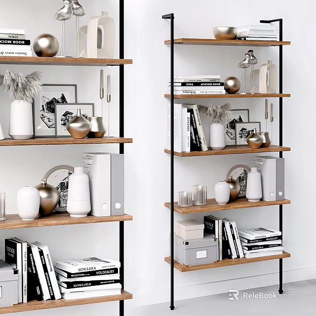 Stylish Modern Bookshelf With Wooden Shelves Black Frame Books Vases And Decorative Ornaments 3d model 