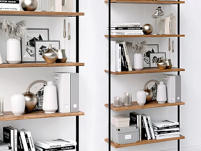 Stylish Modern Bookshelf With Wooden Shelves Black Frame Books Vases And Decorative Ornaments 3d model