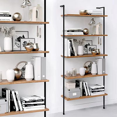 Stylish Modern Bookshelf With Wooden Shelves Black Frame Books Vases And Decorative Ornaments 3d model