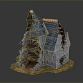 Ruined Medieval Stone House Model With Blue Roof Tiles And Wooden Staircase