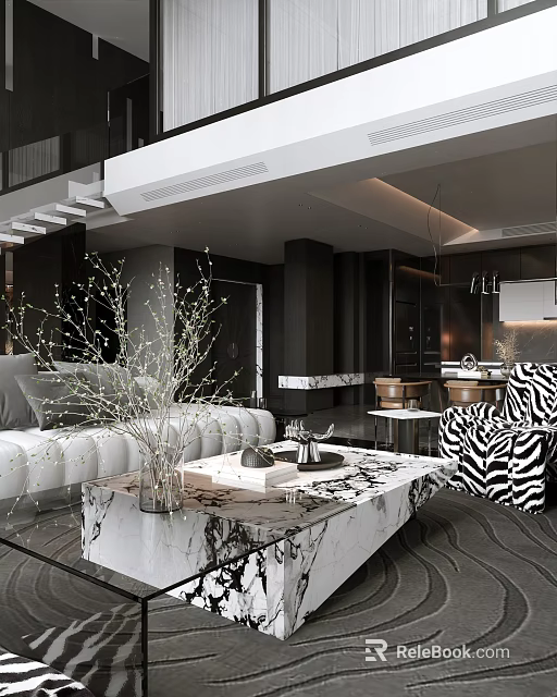Modern Living Dining Area Interior With White Sofa Marble Coffee Table And Zebra Print Chair 3d model 