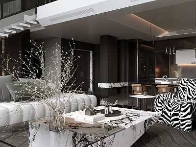 Modern Living Dining Area Interior With White Sofa Marble Coffee Table And Zebra Print Chair 3d model