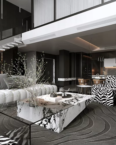 Modern Living Dining Area Interior With White Sofa Marble Coffee Table And Zebra Print Chair 3d model