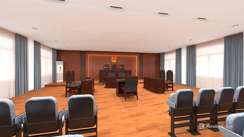 Courtroom Interior With Wooden Walls Judge's Bench Tables Chairs Wooden Flooring And Windows 3d model 