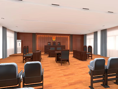 Courtroom Interior With Wooden Walls Judge's Bench Tables Chairs Wooden Flooring And Windows 3d model
