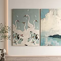 Modern Interior With Crane Bird And Cloudy Landscape Wall Art Decor 3d model
