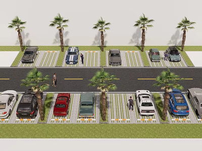 Eco Friendly Parking Lot With Palm Trees Grass Parking Spaces And Vehicles 3d model