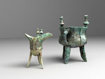 Ancient Bronze Vessels With Three Legs Decorative Handles And Ornamental Tops 3d model