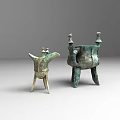 Ancient Bronze Vessels With Three Legs Decorative Handles And Ornamental Tops