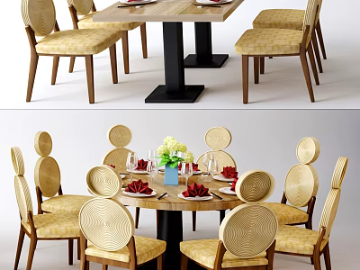Modern Dining Table Set With Wooden Chairs Yellow Cushions Tableware And Flower Arrangement 3d model