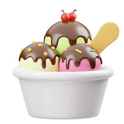 Colorful Ice Cream Scoops In White Bowl With Chocolate Sauce Cherry And Wooden Spoon 3d model