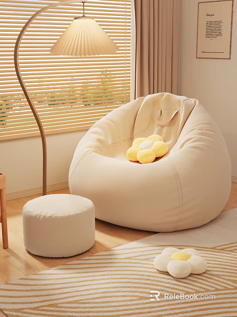 Beige Bean Bag Chair With Yellow Flower Cushion Small Round Ottoman And Wooden Floor Blinds 3d model 