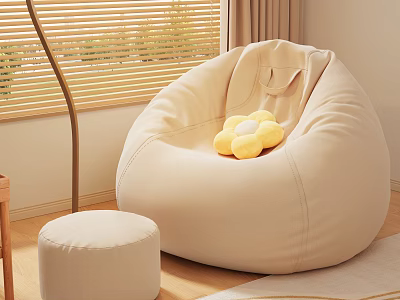 Beige Bean Bag Chair With Yellow Flower Cushion Small Round Ottoman And Wooden Floor Blinds 3d model