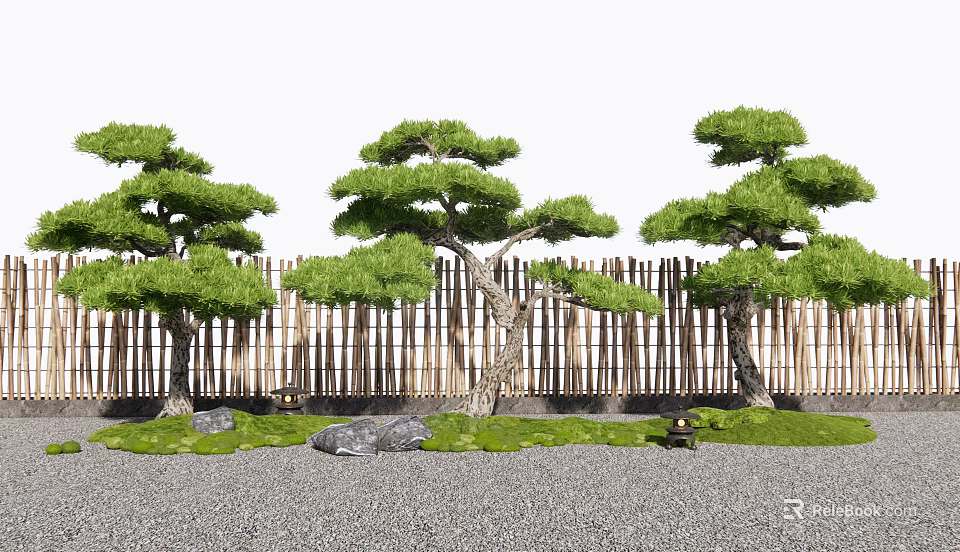Japanese Arbor Trees In Garden With Bamboo Fence Stones Grass And Gravel Ground 3d model 